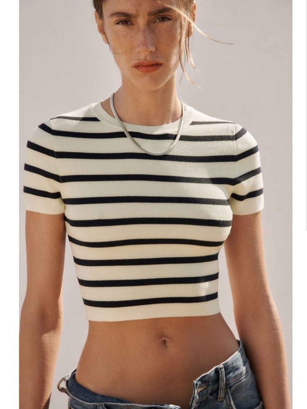 ZARA Cream & Black Striped Short-Sleeve Knit Crop Top